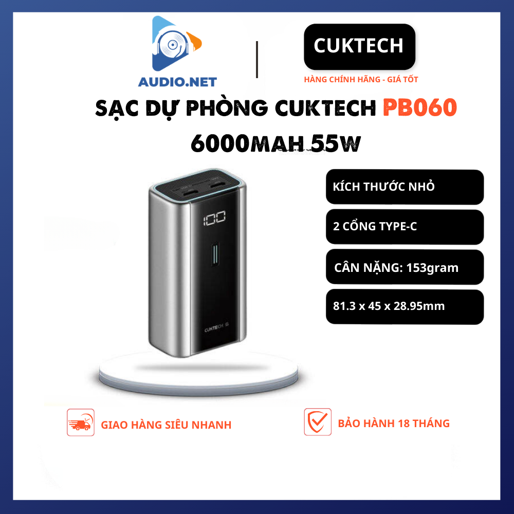 Sạc Dự Phòng Cuktech 6000mAh PB060 2C 55w PD3.0 PPS QC3.0 - Bảo Hành 18 Tháng