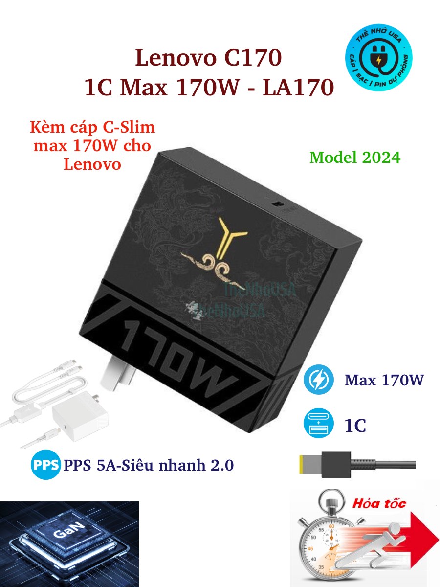 Củ sạc nhanh Lenovo C170 1 cổng type C Max 170W PD / PPS5A /QC BH12T kèm cáp C to Slim 170W