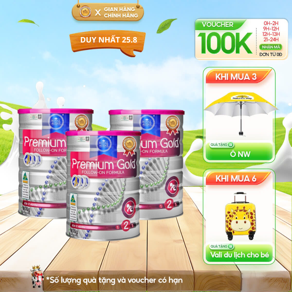 Combo 3 hộp sữa bột premium gold số 2 royal ausnz giúp trẻ hấp thu dinh dưỡng, tăng cân khỏe mạnh 900g/hộp