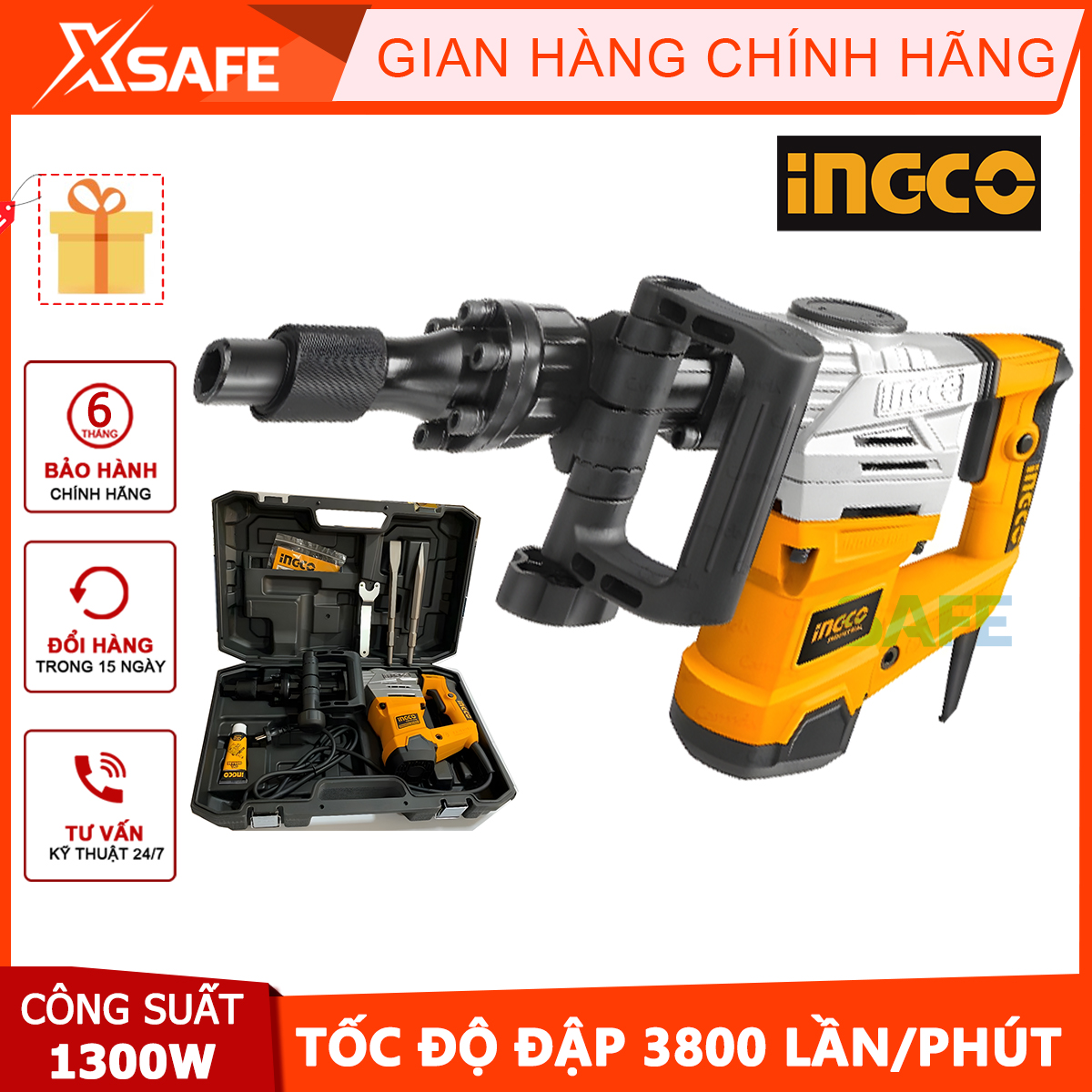 [HỎA TỐC] Máy đục bê tông 1300W INGCO PDB13008, máy khoan đục lực đập 20j, tốc độ dập 3800bmp, khả năng đục phá, tường gạch, bê tông