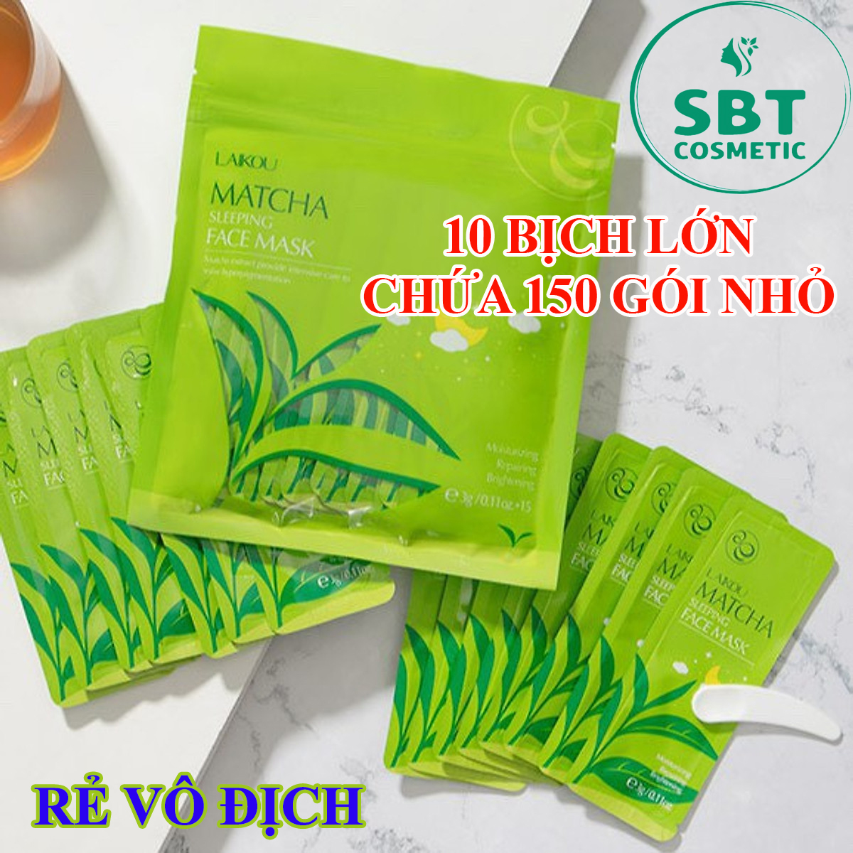[Giá Sỉ Yêu Thương] 10 Bịch Chứa 150 Gói Mặt Nạ Ngủ Trà Xanh Matcha Sleeping Face Mask Laikou-Giảm Mụn, Giảm Thâm Hiệu Quả