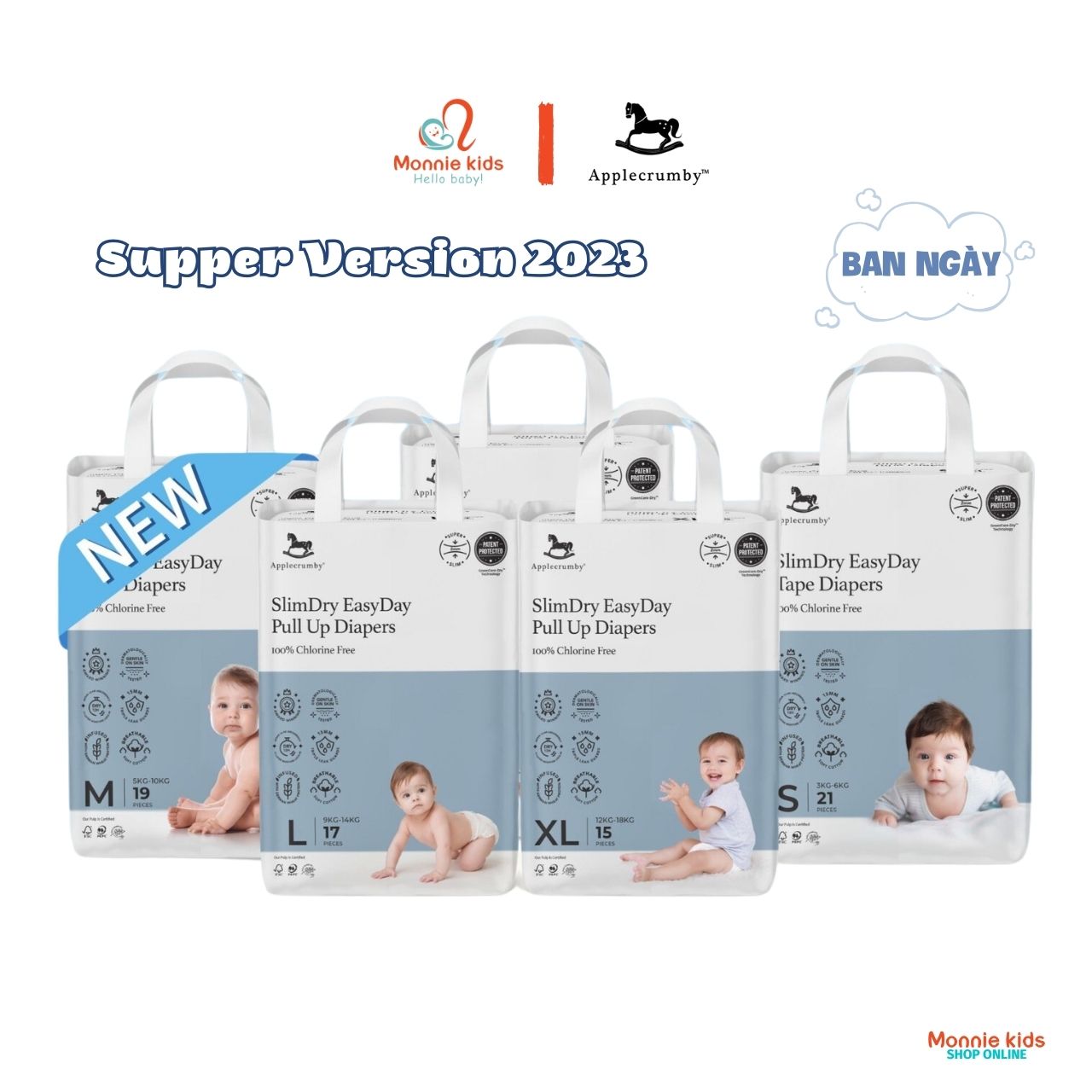 Bỉm cho bé Applecrumby SlimDry EasyDay S/M/L/XL, tã bỉm siêu mỏng chống tràn - Monnie Kids