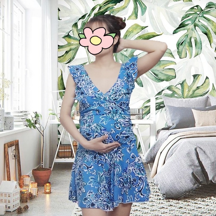 Đồ bơi bà bầu nhúm bèo họa tiết xanh dương