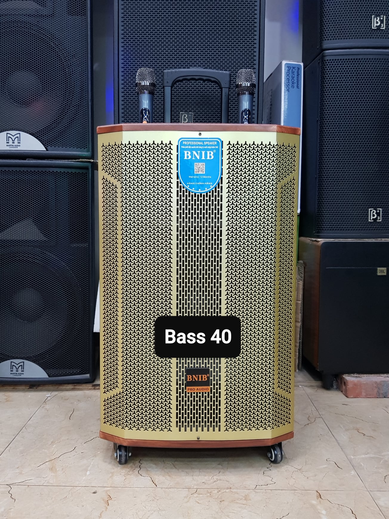Loa kéo Karaoke Bluetooth BNIB 1599 Plus: Bass 40, 3 đường tiếng, Công suất lớn 450W, Chống hú tốt. 2 Micro vỏ kim loại