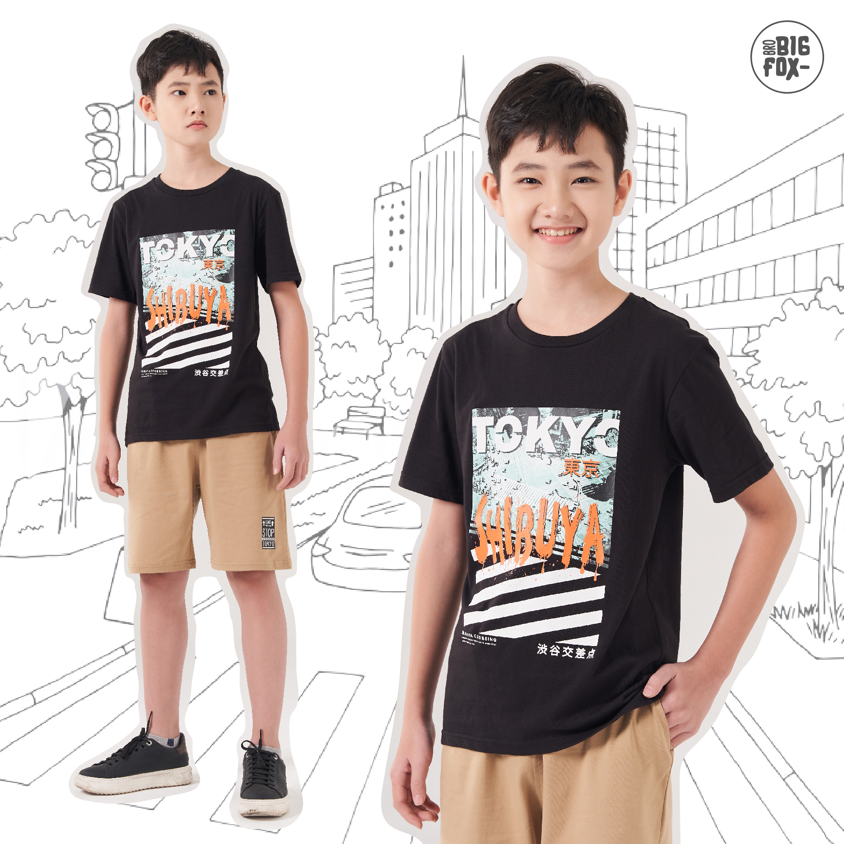 Quần áo bé trai BIGFOX - MISS MEOW size đại đồ bộ bé trai tuổi teen chất cotton phong cách Âu Mỹ hình in Shibuya 43 - 57 kg QATE