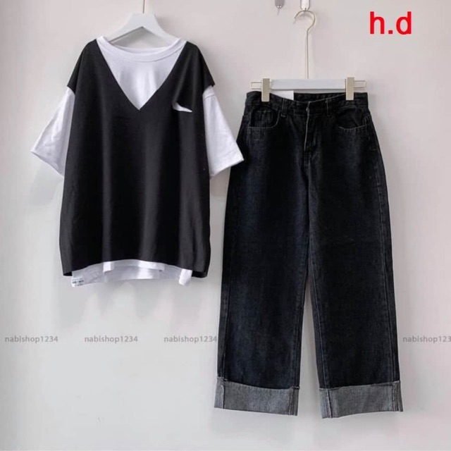 Sét ba món áo rách + quần bò đen HĐ12 áo thun nam nữ, sét bộ mặc ở nhà, chất đẹp - LEEDA