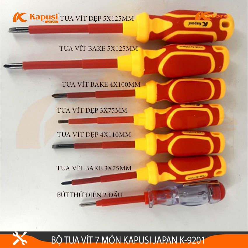 BỘ TUA VÍT (TÔ VÍT) 7 MÓN KAPUSI JAPAN K-9201, Bộ tuốc nơ vít điện, Bộ tua vít điện, Bộ tua vít đa năng, Bộ tô vít cách điện