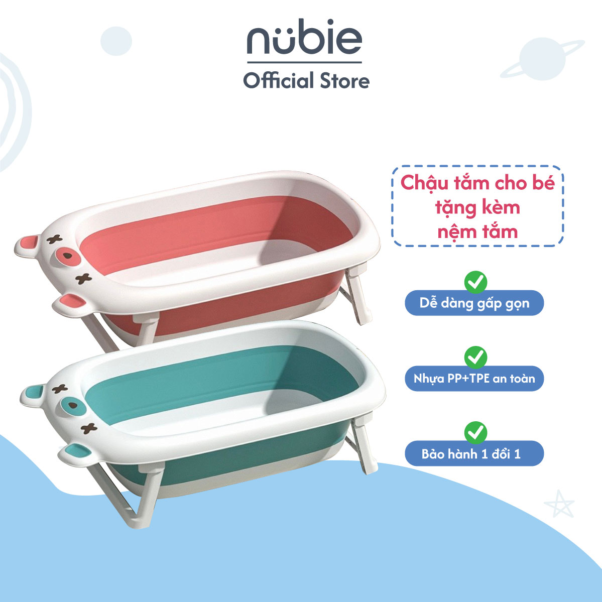 Chậu tắm cho bé tiện dụng tặng kèm nệm tắm nubie - chậu tắm gấp gọn - thau tắm em bé