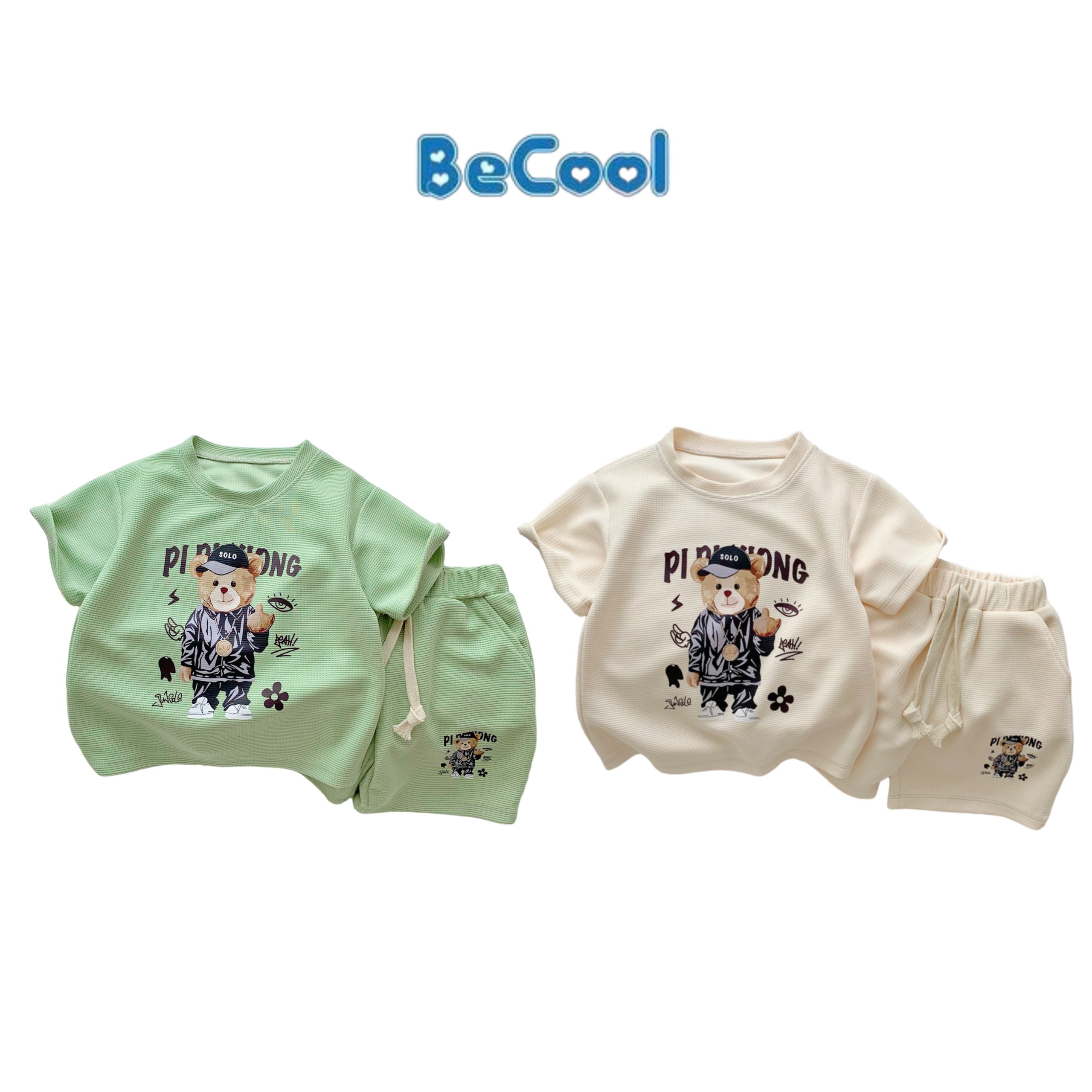 Bộ cộc in hình chú gấu becool, bộ cộc gấu chất tổ ong cho bé từ 10-27kg