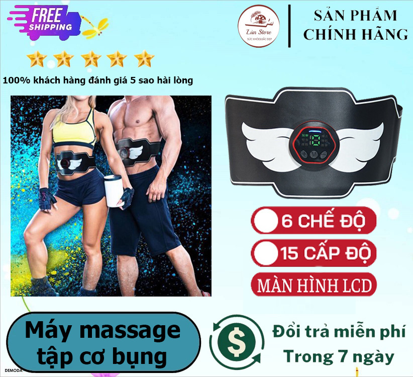 Máy massage bụng hỗ trợ tập gym xung điện ems, máy kích thích điện chuyên nghiệp ems, đai/miếng dán làm săn chắc bụng 6 chế độ cường độ 15 cấp, miếng dán tập cơ bụng đa năng làm săn chắc bụng, máy massage tập bụng