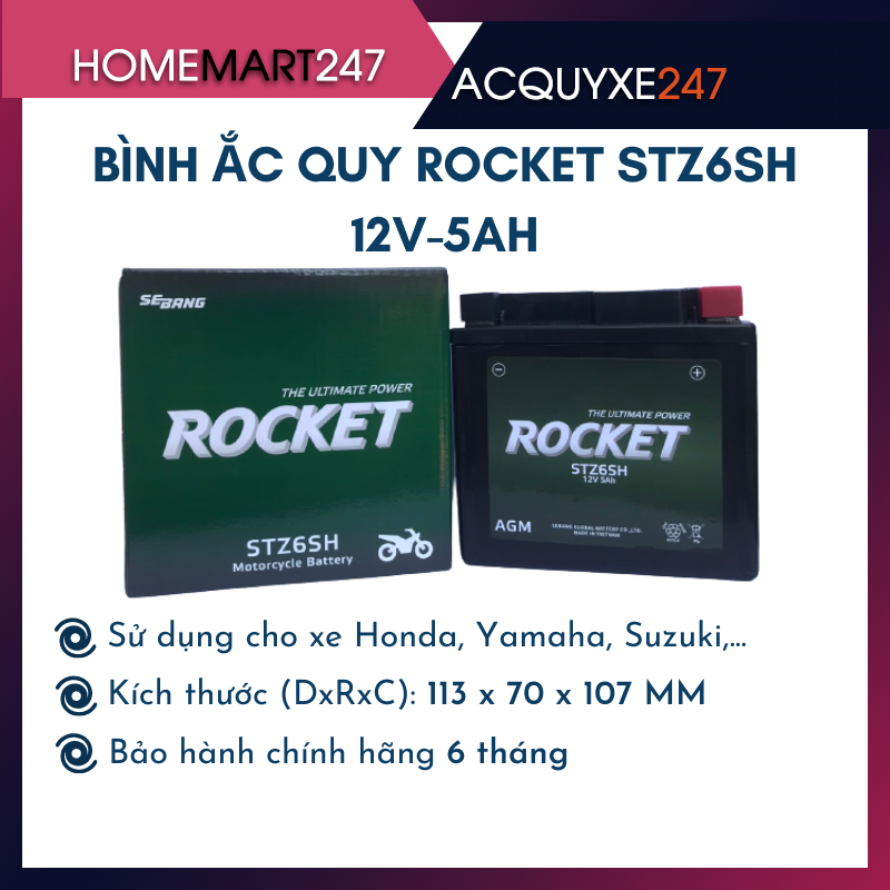 BÌNH ẮC QUY KHÔ ROCKET STZ6SH 12V-5AH CHÍNH HÃNG MỚI 100% - SỬ DỤNG CHO XE HONDA Vision, Lead, AirBl