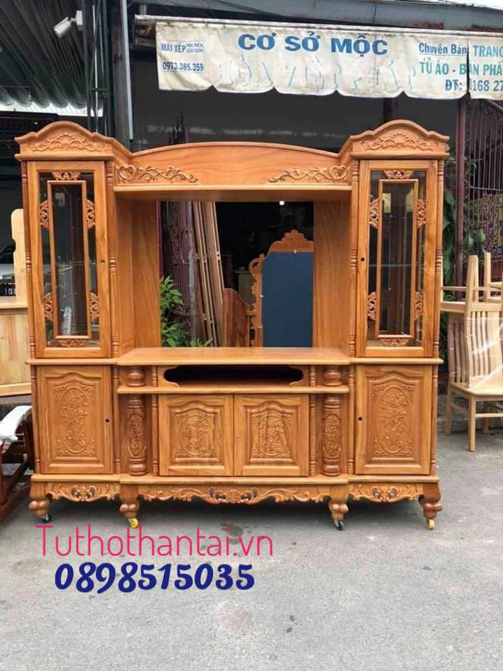 Kệ tivi gỗ gõ đỏ cột nho kèm tủ rượu