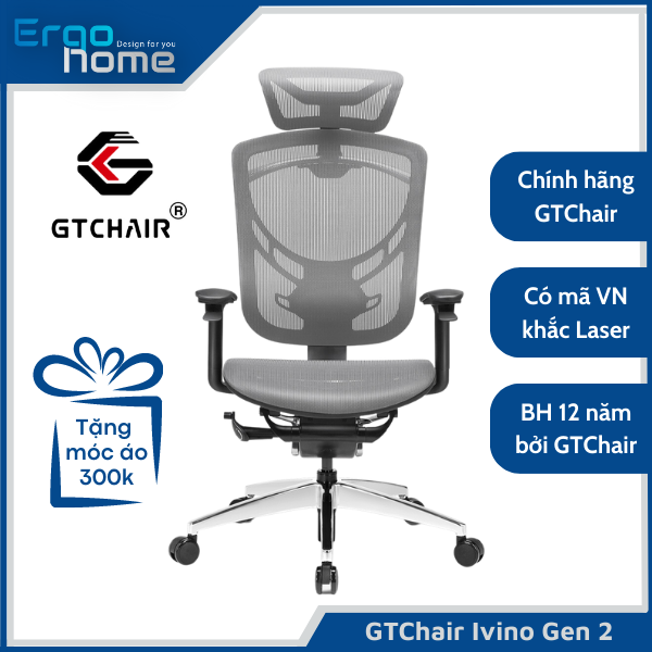 Ghế làm việc GTChair IVINO Gen 2 tay 5D xoay Văn Phòng Ergonomic Công Thái Học thiết kế hỗ trợ cột sống, lưng ghế nâng hạ dễ dàng, ngả sâu 135 độ, tựa đầu 3D, bảo hành 12 năm - ERGOHOME