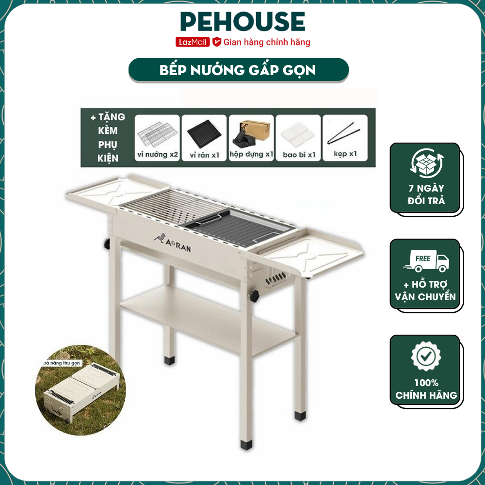 Bếp nướng gấp gọn ngoài trời pehouse ph22913, bếp nướng di động cao cấp inox toàn phần, bếp nướng than hoa có thể gấp gọn chân cao - pehouse office
