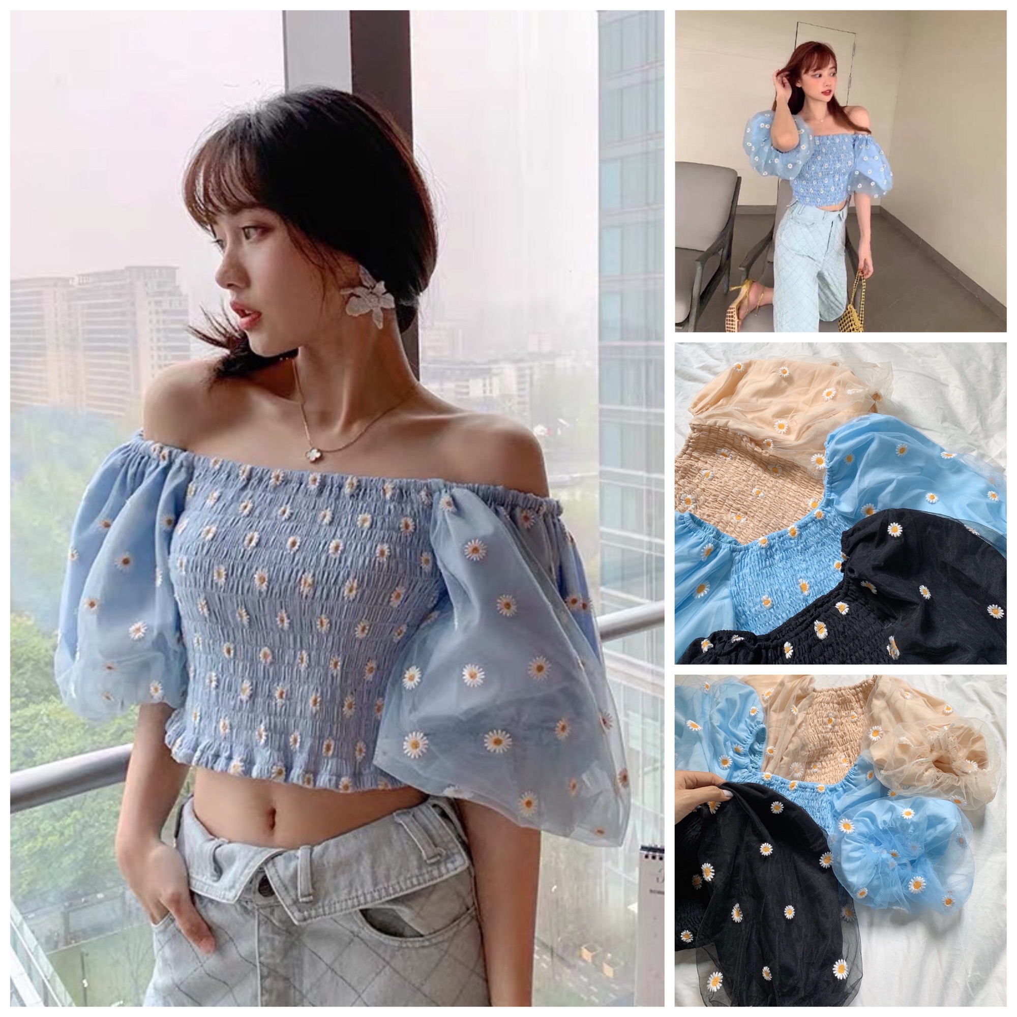 Áo hoa cúc croptop bo chun tay phồng - Hình thật