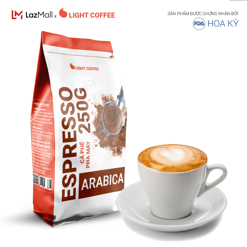 Cà phê pha espresso Light Coffee, cà phê rang xay pha máy , cà phê nguyên chất 100% Light Coffee độ mịn chuyên dùng pha Espresso - Gói 250gr
