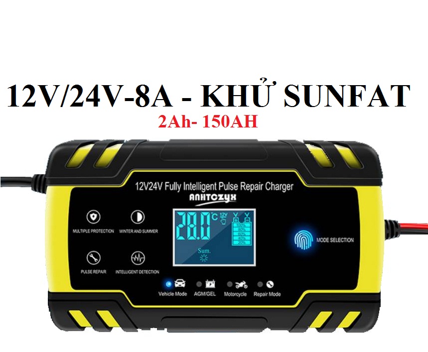 sạc bình ắc quy 12V 24V có khử sunfat phục hồi ắc quy cảm biến vân tay(4ah-150Ah).