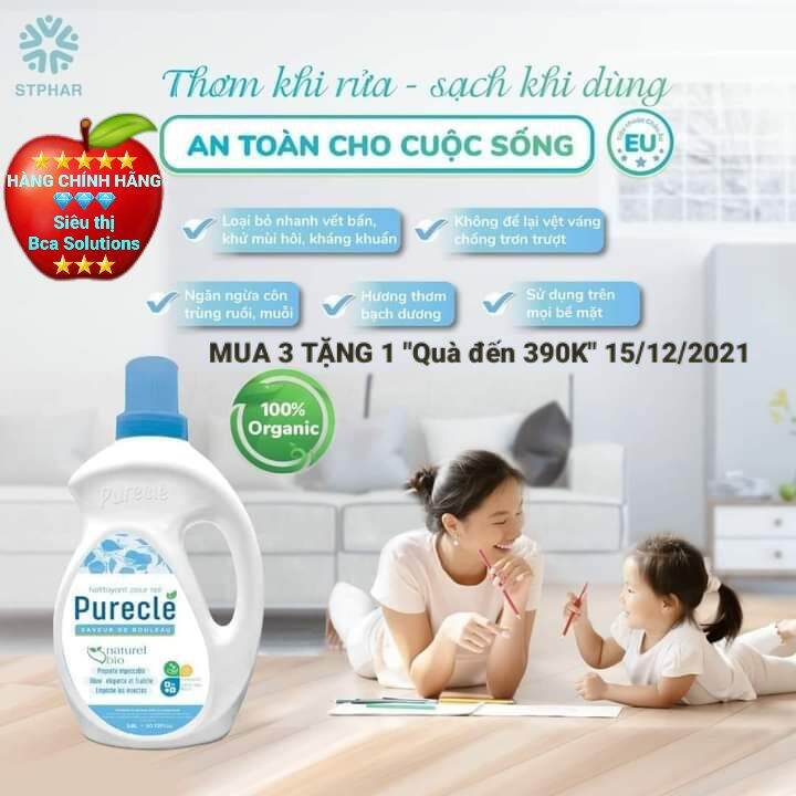 3 can Nước lau sàn nhà Organic Purecle, tiêu chuẩn EU 3,8l *3, An toàn 100% cho cuộc sống