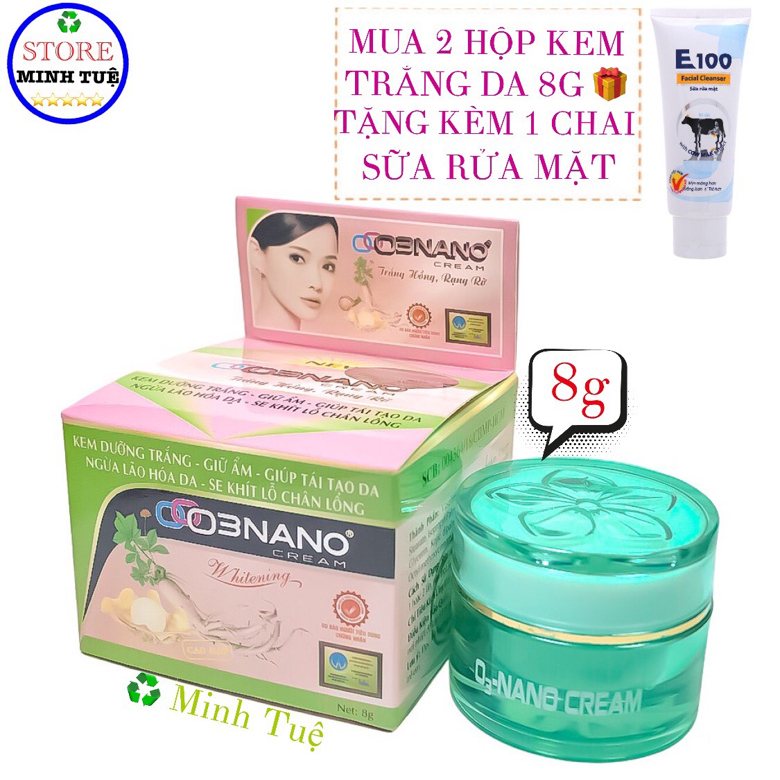 (Mua 2 tặng 1)-Kem dưỡng trắng, giữ ẩm, giúp tái tạo da, ngừa lão hóa da, se khít lỗ chân lông trắng hồng rạng rỡ Nano White (8g), tặng kèm 1 chai sữa rửa mặt E100.