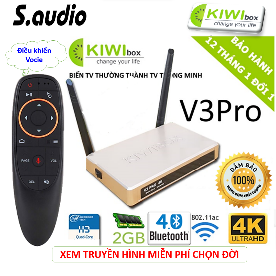 Android TV kiwibox V3 pro Xem Truyền hình miễn phí Có Điều khiển Giọng nói- Hàng chính hãng