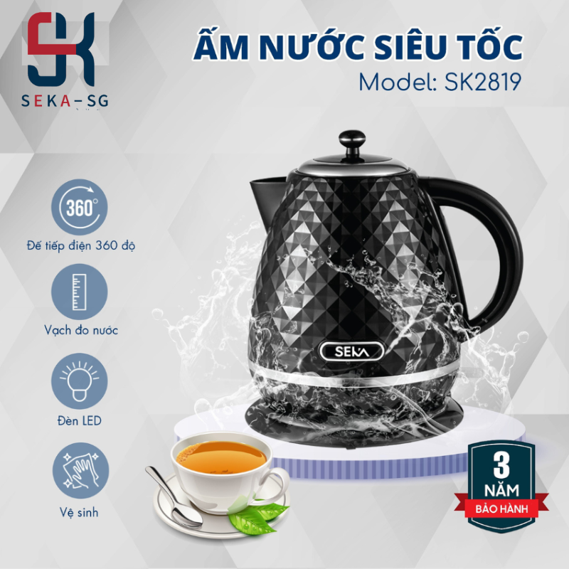 Ấm Siêu Tốc Seka Model SK2819S Công Suất 2200W Dung Tích 1.7L Ấm Đun Nước Siêu Tốc Tự Ngắt Khi Sôi Đế Xoay 360 Độ