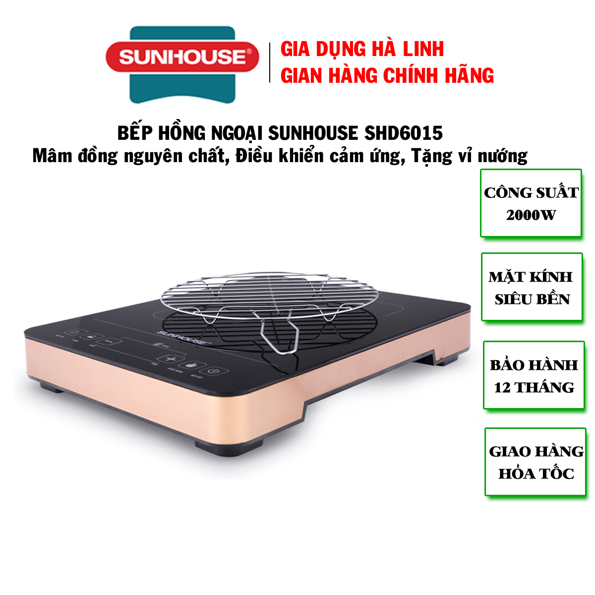 Bếp hồng ngoại cảm ứng Sunhouse SHD6015 - Bếp hồng ngoại Sunhouse - Bếp không kén nồi, Mặt kính chịu nhiệt siêu bền, Công suất 2000W nấu nhanh, bảo hành 12 tháng, Tặng kèm vỉ nướng