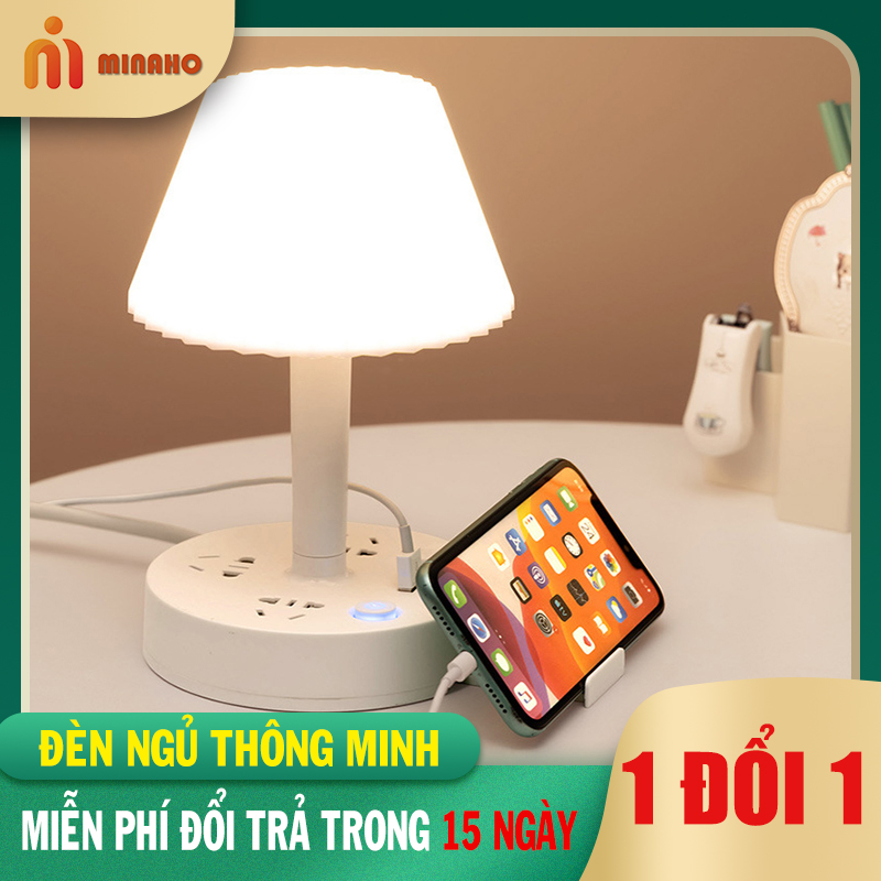 Đèn Ngủ Thông Minh 3 Chế Độ Sáng MINAHO - Đèn Ngủ Kiêm Ổ Cắm Điện và Cổng Sạc USB, Giá để Điện Thoại ( Dây dài 1,8m) - Có Thể Livetream, Đọc Sách,..