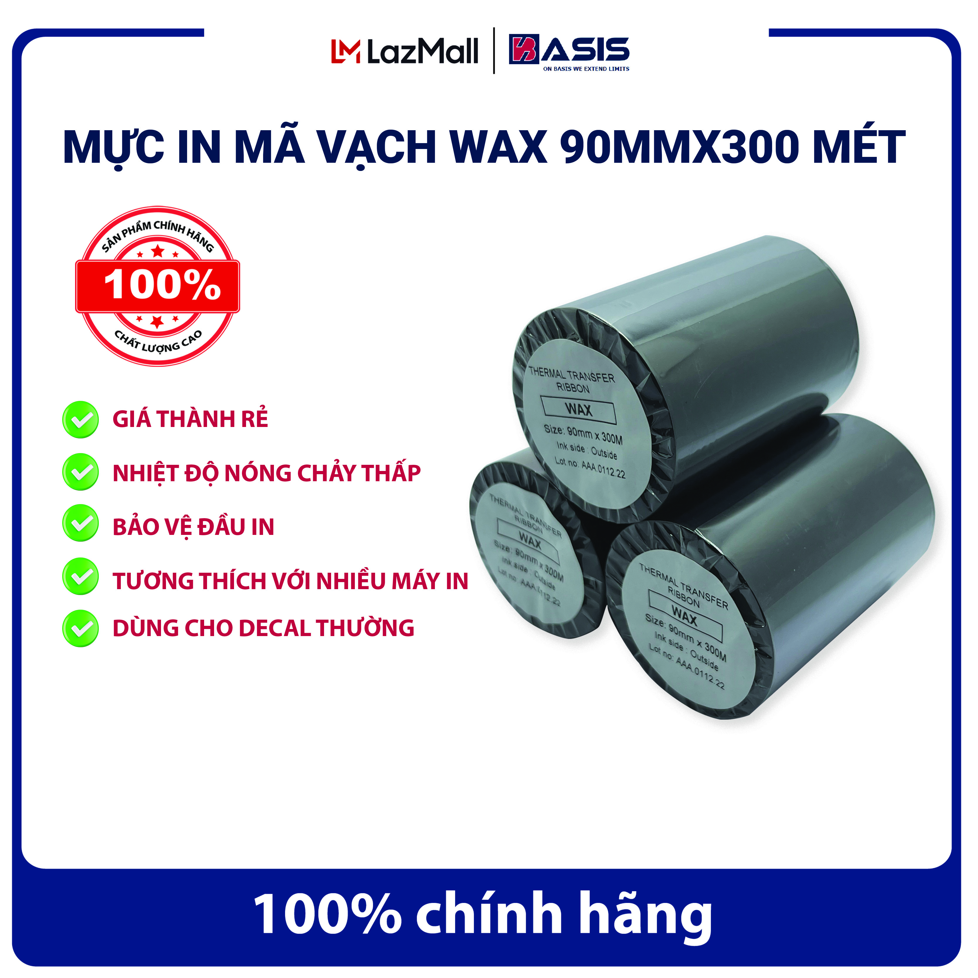 [FREESHIP] Mực in mã vạch, in tem nhãn WAX RIBBON Tigerrolls 90mmx300 mét