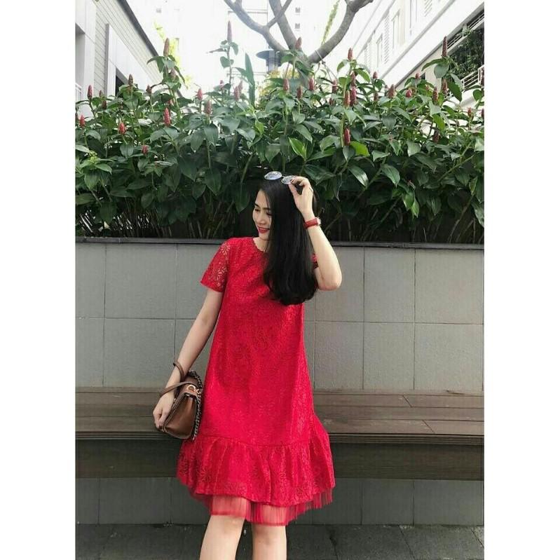 Đầm bầu suông ren phối lưới dập ly