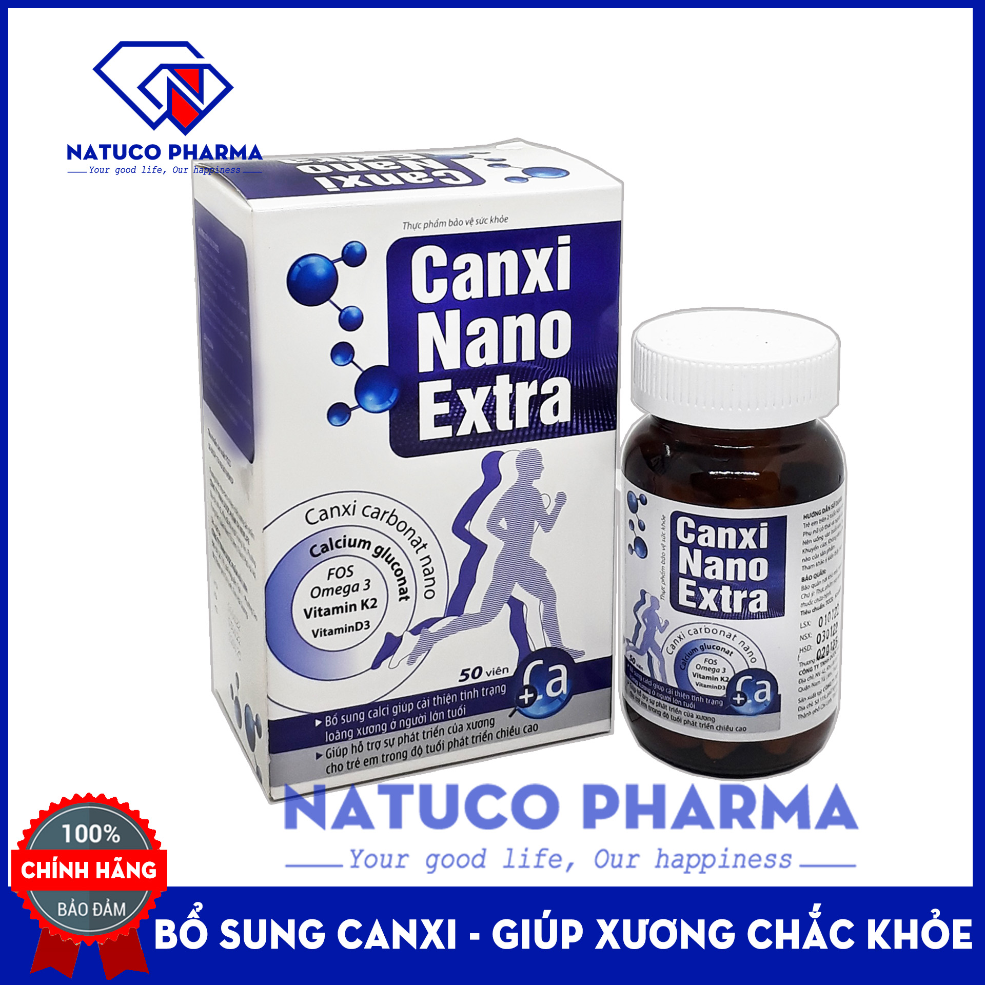 Viên uống bổ sung canxi CALCI NANO Extra - bổ sung canxi, vitamin D3, K2 giúp xương chắc khỏe, ngừa loãng xương - Hộp 50 viên chuẩn GMP