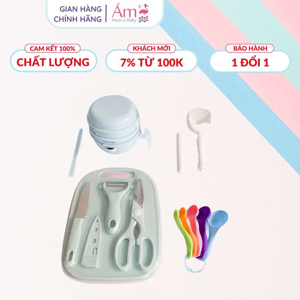 Bộ Dụng Cụ Chế Biến Đồ Ăn Dặm Cho Bé 10-15 Chi Tiết Gồm Chày Cối - Dao Thớt - Thìa Đong - Mài Nghiền - Rây Hấp Lọc Kiểu Nhật Ấm Gift Decor