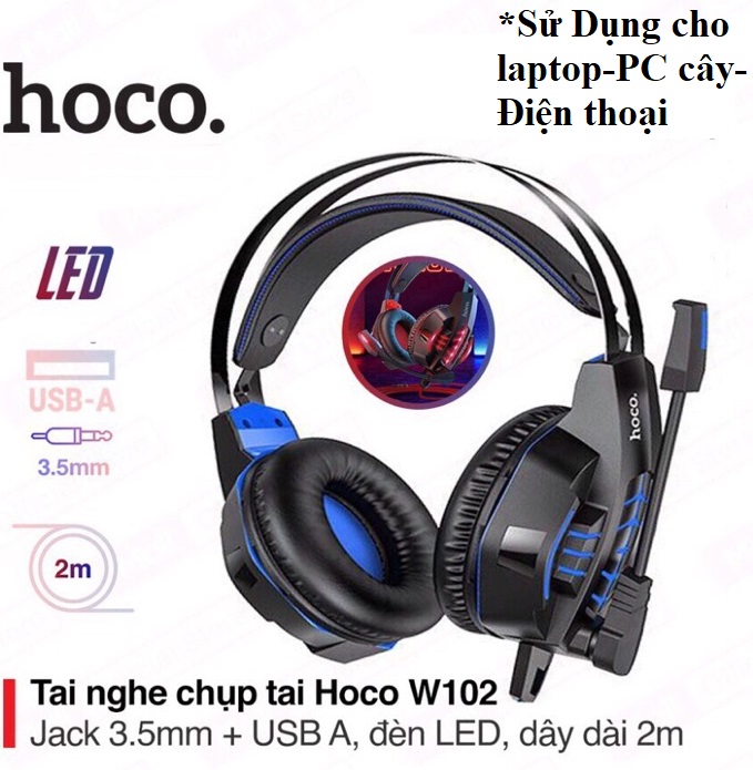 Tai Nghe Chơi Game HOCO,Tai Nghe chụp tai Có Dây, Đèn LED Kèm Micro Học online ( HÀNG CHÍNH HÃNG )