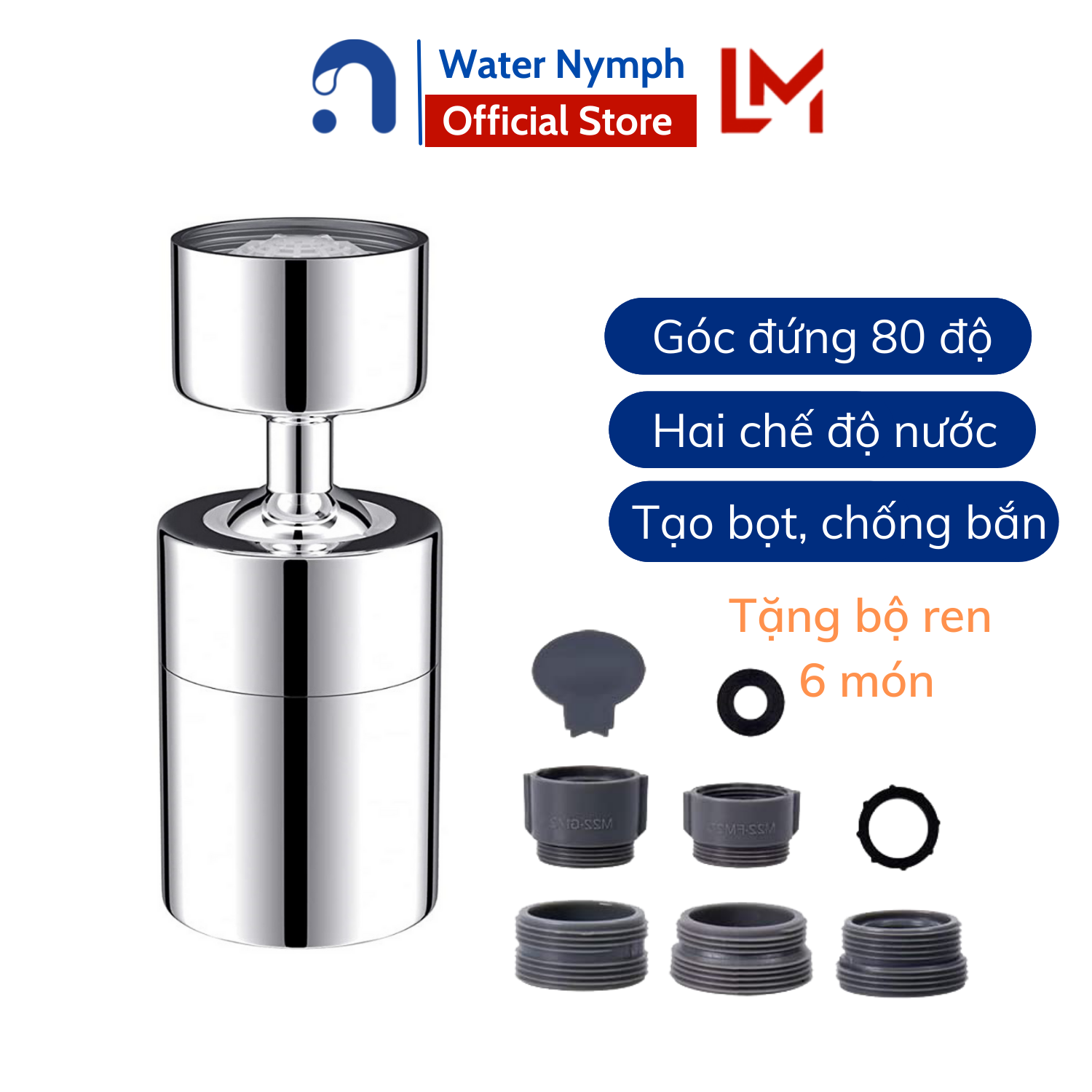 Đầu vòi rửa chén bát tăng áp, xoay 360 độ Waternymph tạo bọt, chống bắn, 2 chế độ phun tiện ích (tặng bộ ren 6 món)