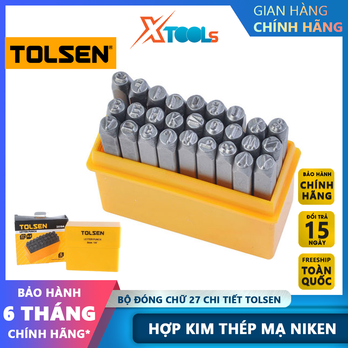 Bộ đóng chữ 27 chi tiết Tolsen thép carbon cứng cáp, gồm 26 chữ cái và 1 kí tự &, hộp nhựa cứng cáp tránh thất lạcxtools