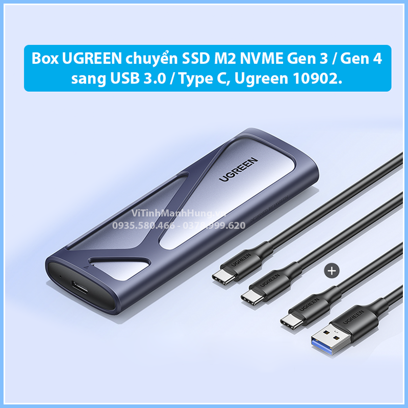 Box nvme ugreen, chuyển ssd m2 nvme gen 3 / gen 4 sang usb 3.0 / type c, ugreen 10902.