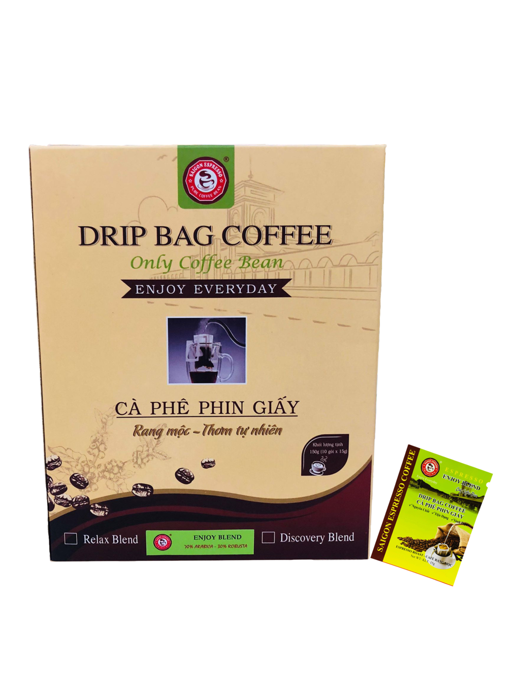Cà phê phin giấy Enjoy Blend -Saigon Espresso - KLT: 150g/Hộp; 10 gói/hộp - Rang mộc, 100% cà phê nguyên chất, không hương liệu, vị đậm đà, chua nhẹ, thơm tự nhiên, với phong cách pha hiện đại và sành điệu