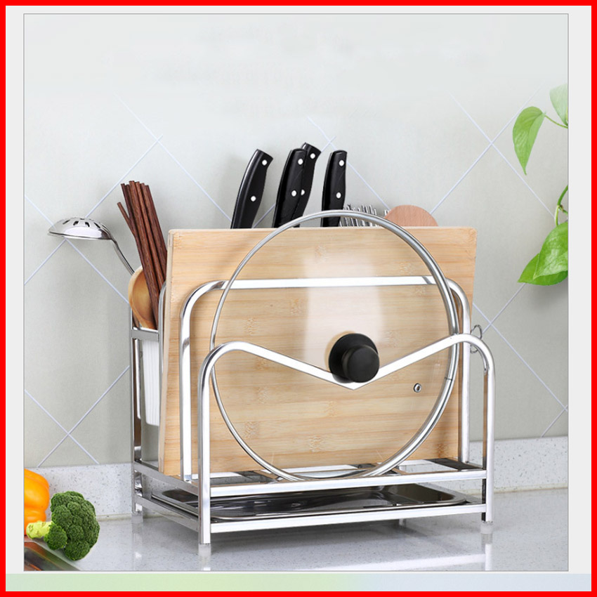 Kệ để dao thới, chất liệu inox 304 không gỉ, kích thước lớn 29x27x20cm, kèm ống cắm đũa thìa, khay hứng nước inox