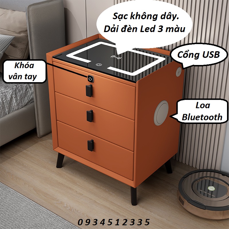 Tủ đầu giường thông minh, tab đầu giường đa năng có khoá vân tay, kèm loa bluetooth, sạc điện thoại không dây, cổng usb, dải đèn led 3 màu