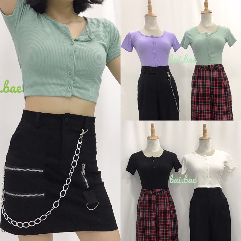 Áo crop top cài cúc ảnh .t.h.ậ.t.