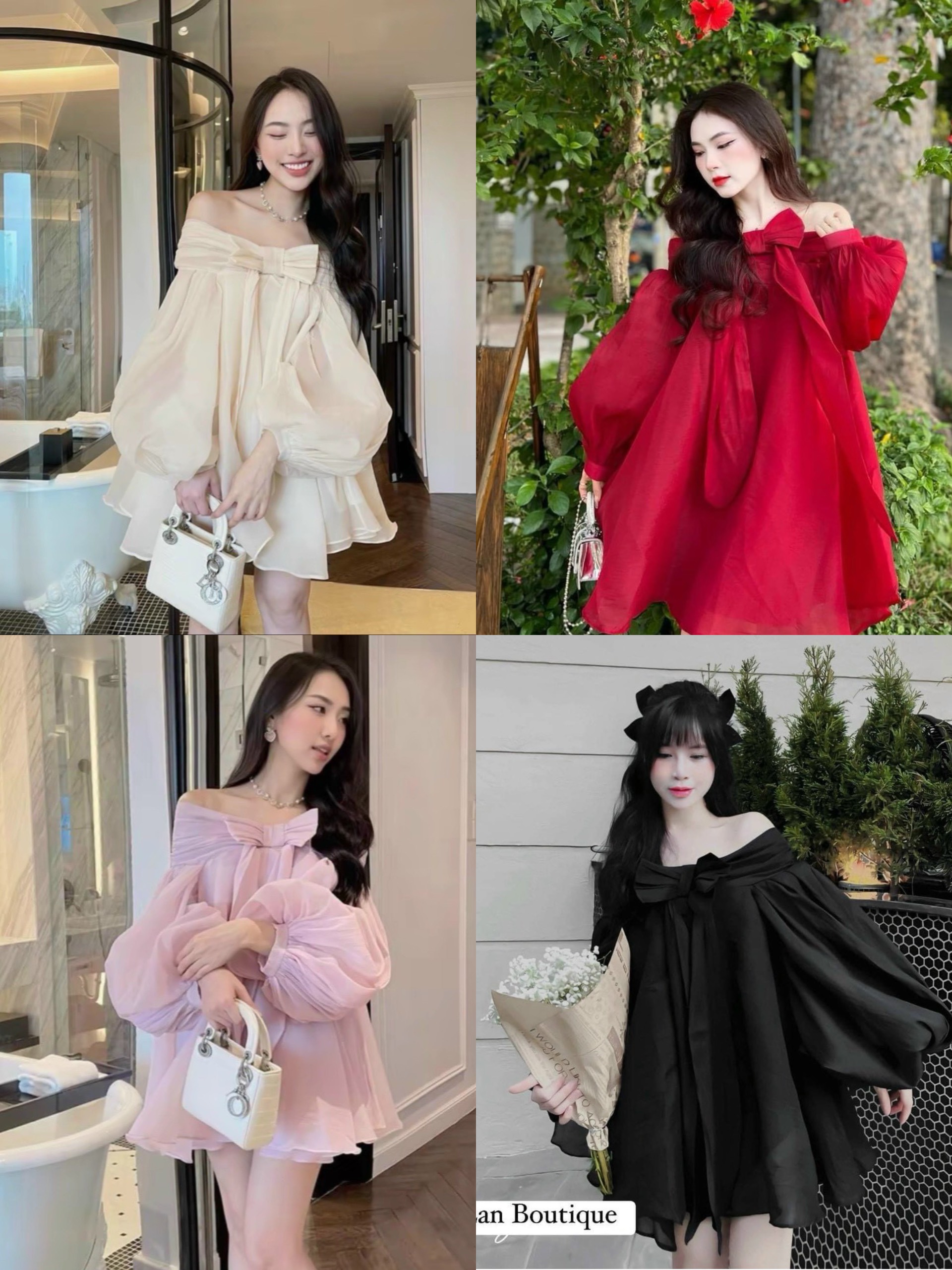  Đầm babydol nữ mặc đi chơi dễ thương chất tơ nến thiết kế trễ vai thắt nơ ngực tay phồng dài tiểu thư bánh bèo 