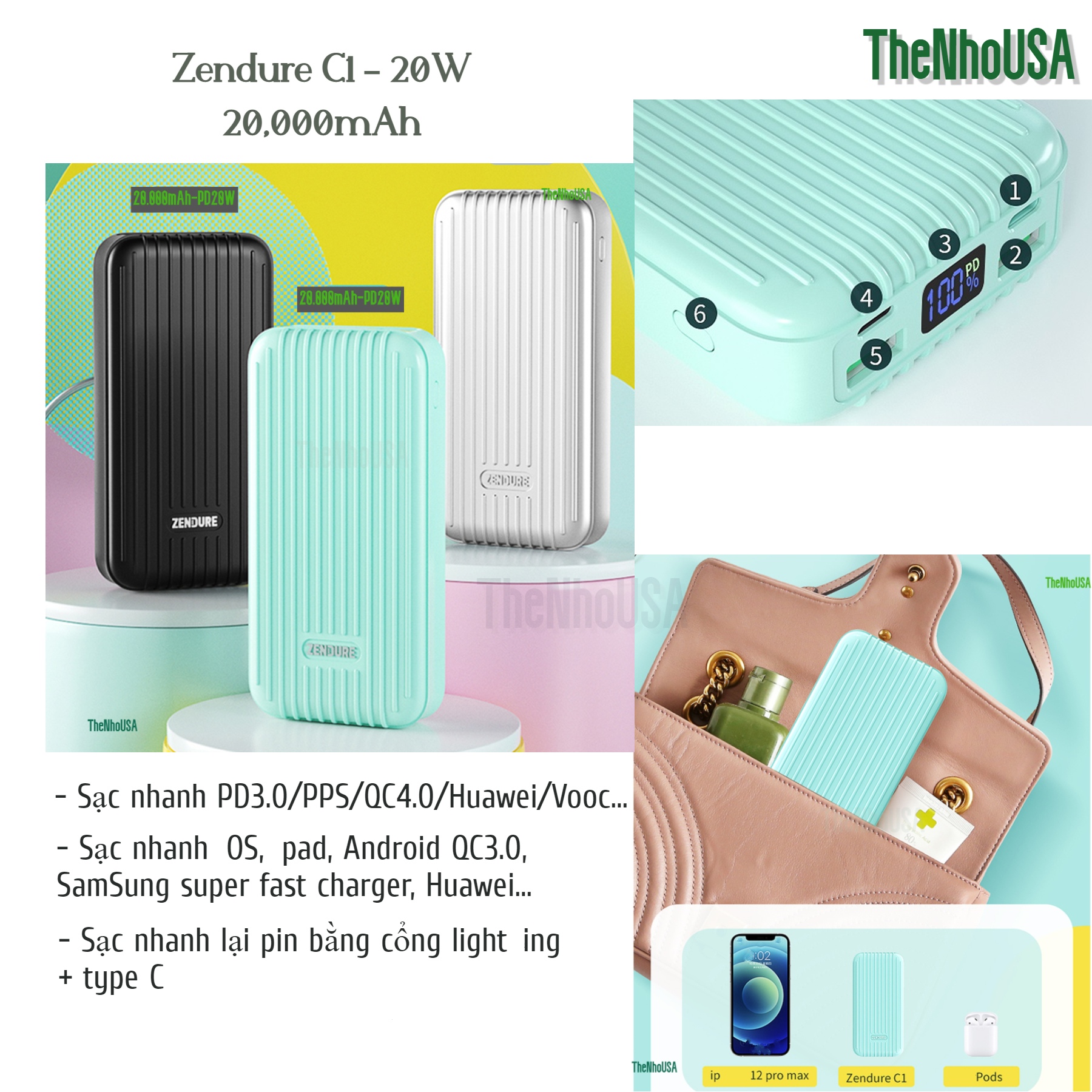 Pin sạc dự phòng Zendure C1 - 20W 20.000mAh (PD3.0/PPS/QC4.0/Vooc...) - BH 12T