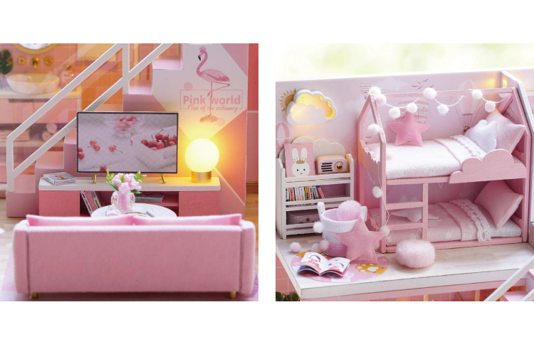 nhà búp bê barbie bằng gỗ lắp ghép có nội thất và đèn như hình l027 tặng 2