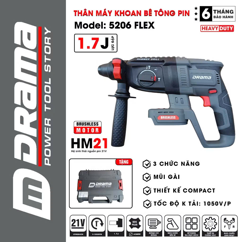 Thân Máy khoan đục bê tông pin DRAMA 5026 flex, Động cơ Không chổi than, 3 Chức năng - Chân pin phổ thông - Bảo hành chính hãng 12 Tháng
