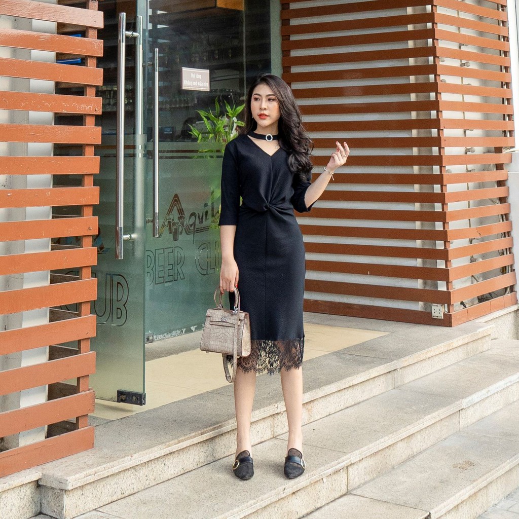 G beauty đầm body xoắn eo duôi ren