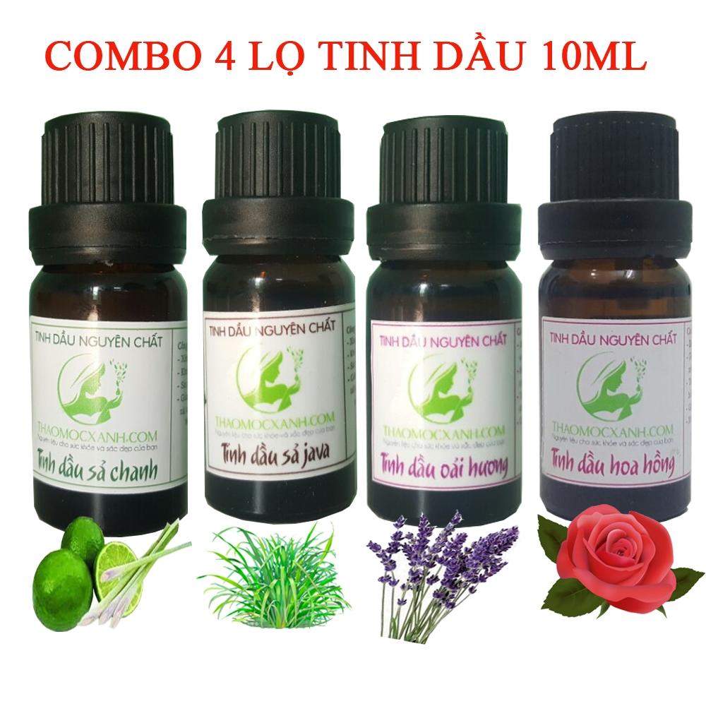 Combo 4 lọ tinh dầu 10 ml :sả chanh,sả java,oải hương,hoa hồng - thảo mộc xanh