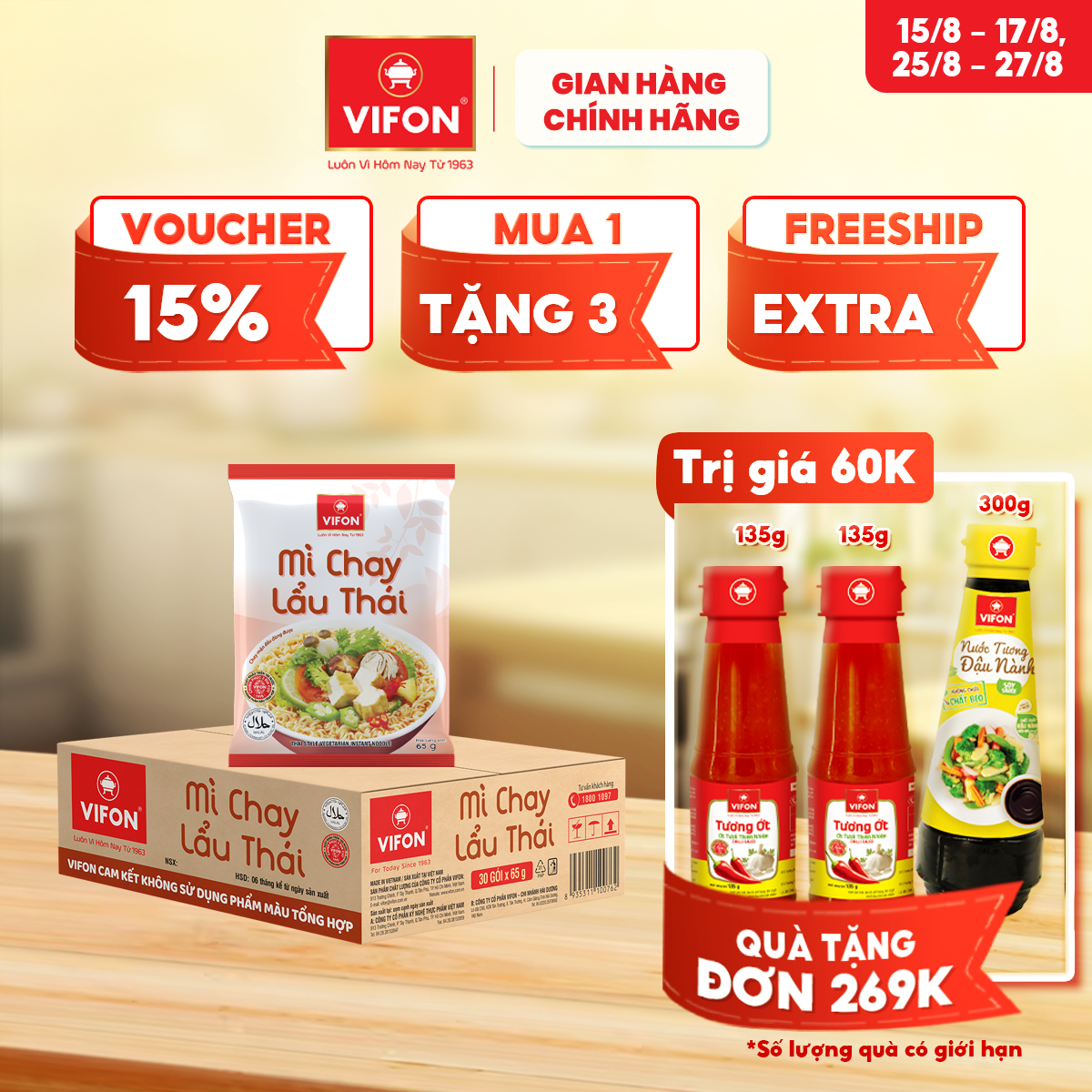 [VOUCHER đến 80K]-Thùng 30 gói Mì Chay Lẩu Thái VIFON 65gr/ Gói
