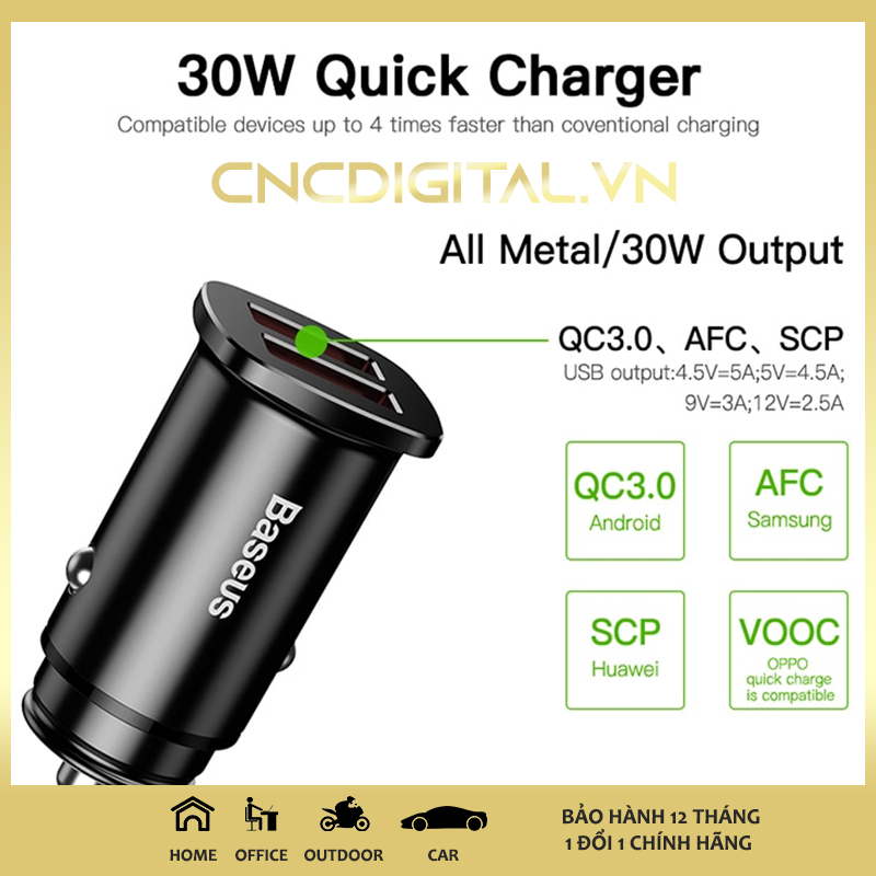 Tẩu sạc nhanh cốc sạc nhanh dùng trên xe hơi ôtô Baseus Circular Plastic PPS Car Charger gồm 2 cổng (U+C) 30W PD QC4.0 SCP AFC