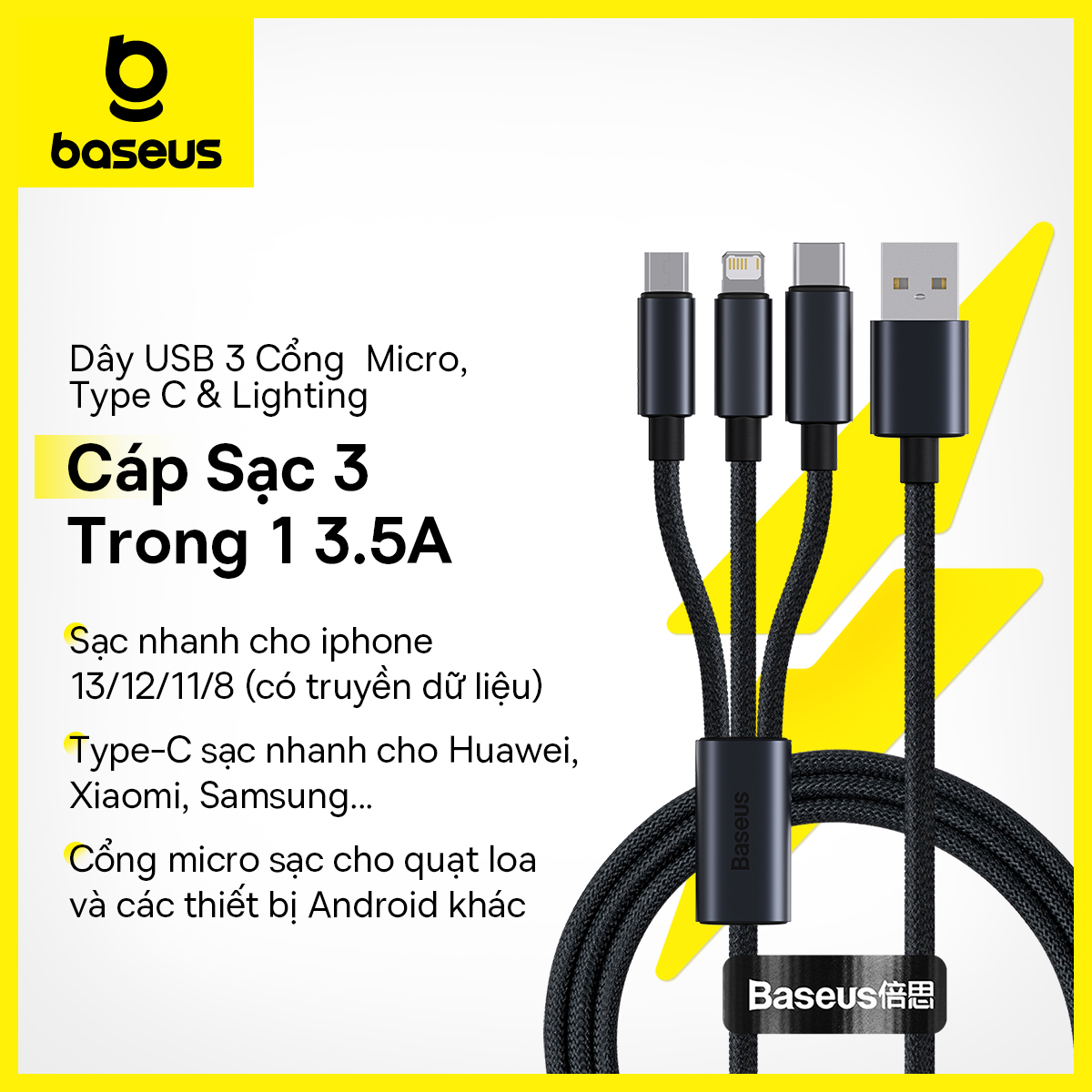 Dây Cáp Sạc Baseus 3 Trong 1 tiện lợi Cổng USB Sang Đầu Micro + Type C+ Lighting Cho Samsung iPhone Huawei