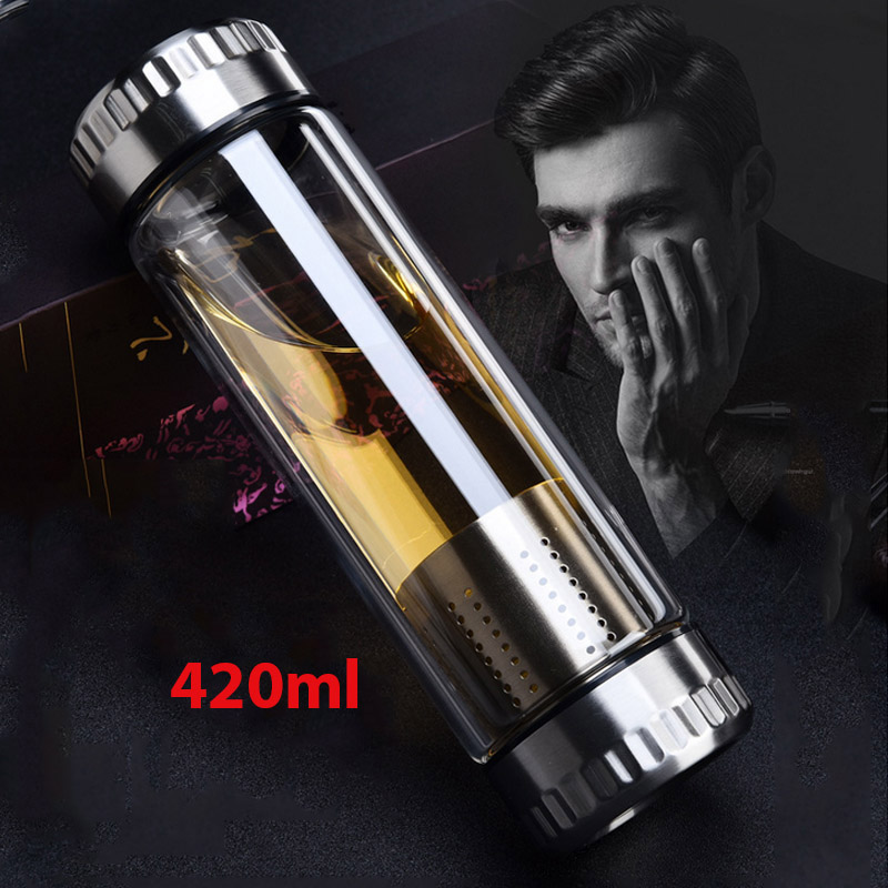 BÌNH GIỮ NHIỆT THỦY TINH 2 LỚP 2 ĐẦU KÈM BỘ LỌC PHA TRÀ INOX CAO CẤP - 420ML (NẮP CÓ GÂN CHỐNG TRƠN)