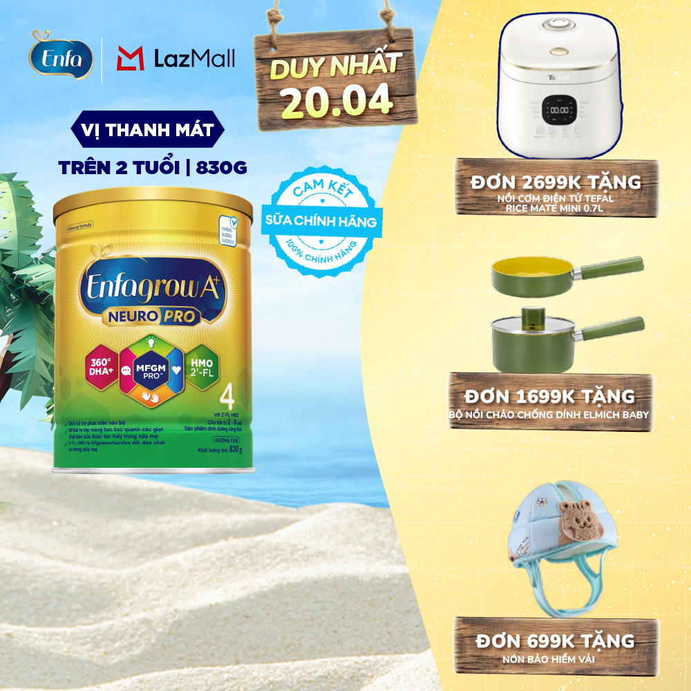 [DUY NHẤT 15-17/04 MUA LÀ CÓ QUÀ] Sữa Bột Enfagrow A+ Neuropro 4 830g với DHA giúp phát triển não bộ cho Trẻ Từ 2 – 6 Tuổi